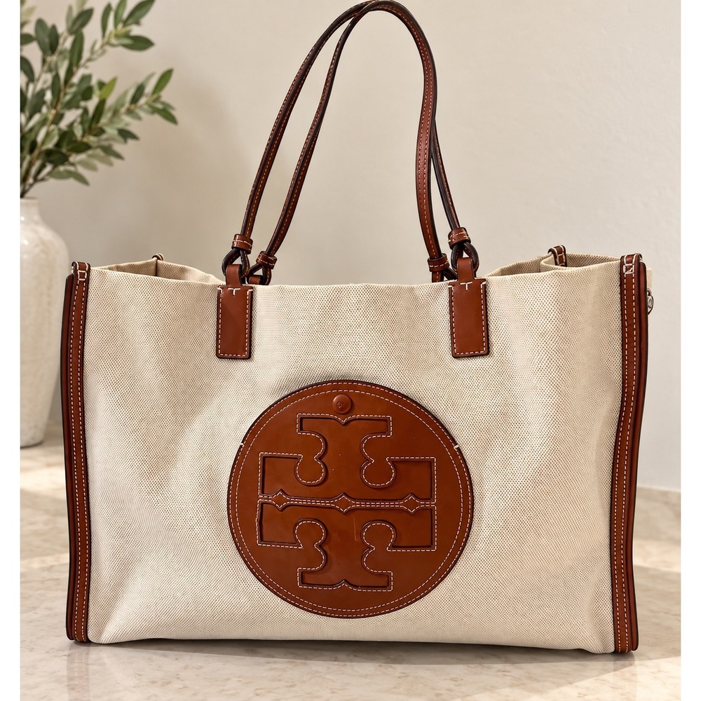 Tory Burch Ella Canvas Tote Bag Natural Tan Leather Logo Large Shopper